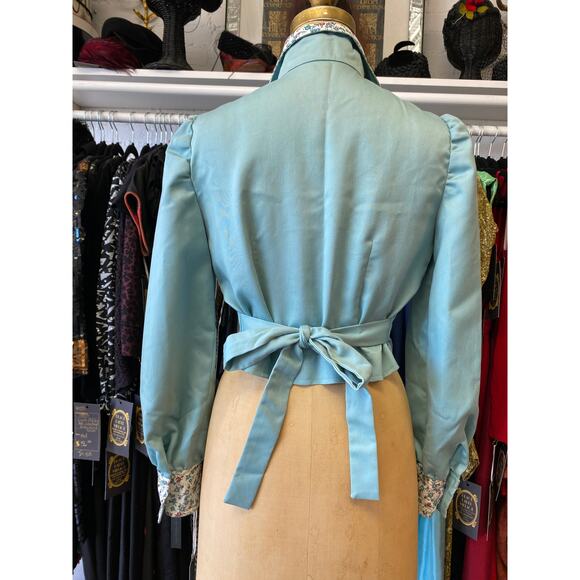 Vintage 1970s cropped aqua cotton jacket with puff shoulders floral trim small - Picture 7 of 8